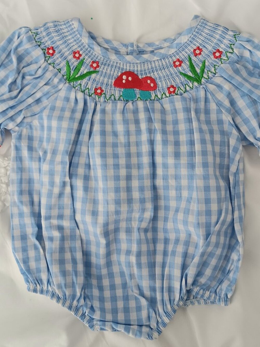 Baby Blue Gingham Hand Embroidered Mushrooms & Flowers Smocked Onesie Size 6 mos